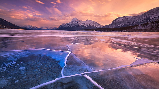 Lac Baïkal, nature, hiver, neige, glace, montagnes, nuages, coucher de soleil, lac, reflet, Fond d'écran HD HD wallpaper
