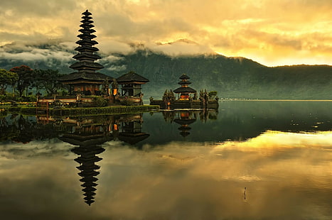water, mist, sunrise, reflection, trees, lake, Bali, morning, Indonesia, island, hills, Asian architecture, forest, mountains, temple, nature, clouds, landscape, HD wallpaper HD wallpaper