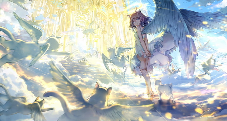 gadis anime, malaikat, sayap, tangga surga, gaun cahaya, Anime, Wallpaper HD