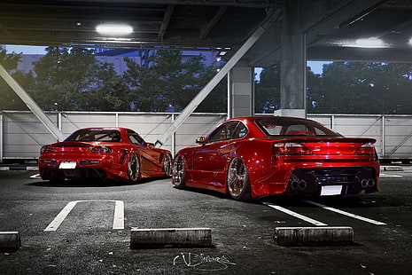 червен Nissan Silvia S15 купе и червен Mazda RX-7 купе, кола, тунинг, nissan, червен, mazda, rx7, silvia, s15, rx-7, HD тапет HD wallpaper