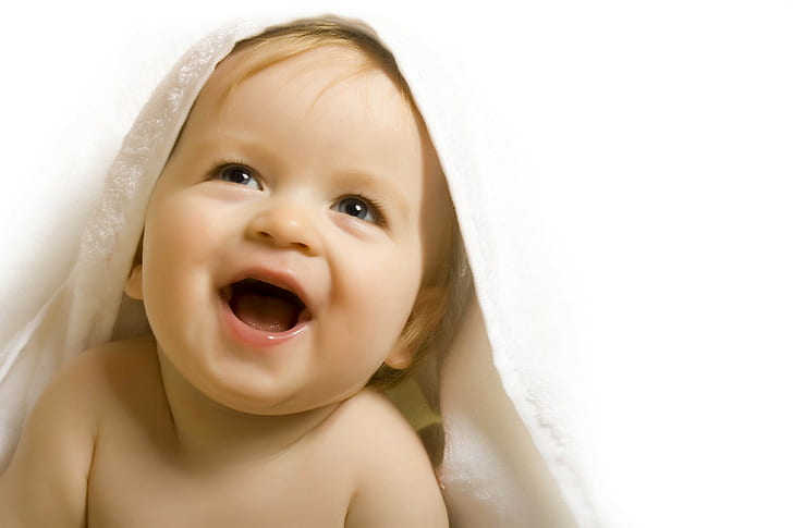 Baby, Towel, Cloth, Joy, Smile, White, Blue eyes, HD wallpaper