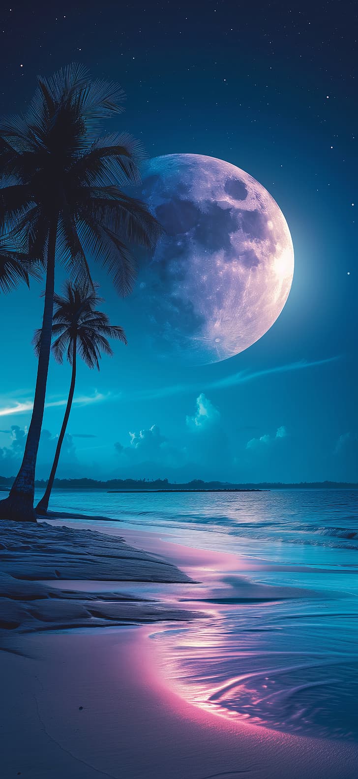 портретен дисплей, дървета, неон, луна, палми, плаж, синьо, розово, вода, илюстрация, HD тапет, тапет за телефон