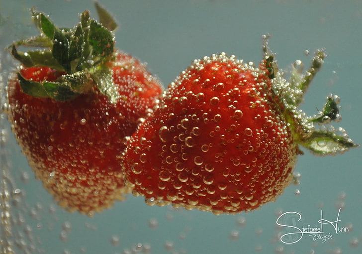 red, strawberries, fruit, bubbles, HD wallpaper