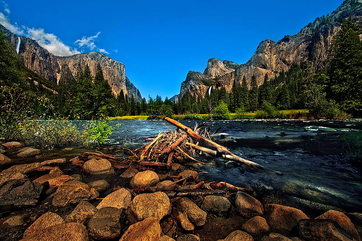 river with mountain, Snap shot, park  river, mountain, Yosemite National Park, nature, landscape, river, outdoors, forest, water, rock - Object, scenics, summer, lake, tree, travel, mountain Peak, national Landmark, beauty In Nature, reflection, HD wallpaper