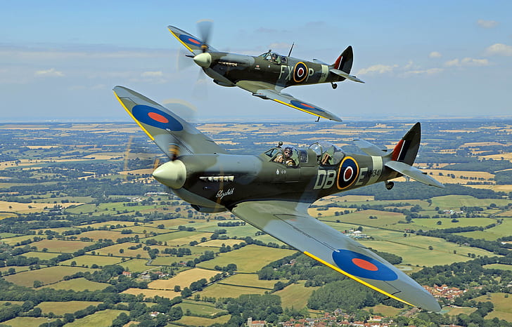 Myśliwiec, para, Spitfire, Supermarine Spitfire, RAF, Druga wojna światowa, Tapety HD