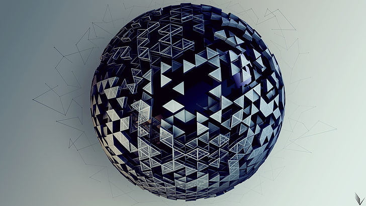 svart och grå dekorativ boll, digital konst, sfär, boll, 3D, geometri, triangel, CGI, lutning, render, linjer, HD tapet