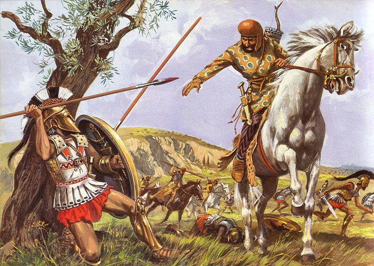 man riding horse fighting man wielding spear painting, figure, war, battle, art, sword, the battle, shield, spears, the Persians, horse, the Greeks, HD wallpaper