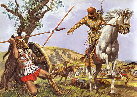 رجل يركب حصانًا يقاتل رجل يحمل لوحة رمح ، شخصية ، حرب ، معركة ، فن ، سيف ، معركة ، درع ، رماح ، الفرس ، حصان ، الإغريق، خلفية HD HD wallpaper