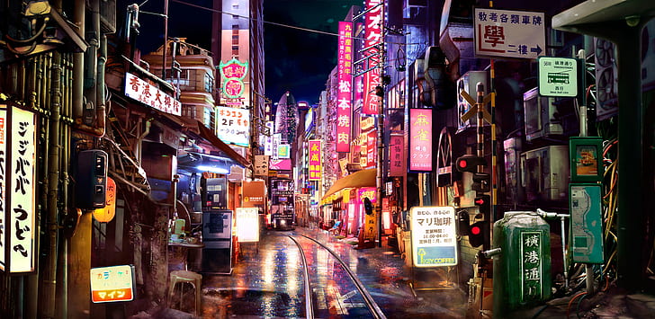 Japan, Asien, asiat, gata, neon, neonljus, konstverk, digital konst, HD tapet