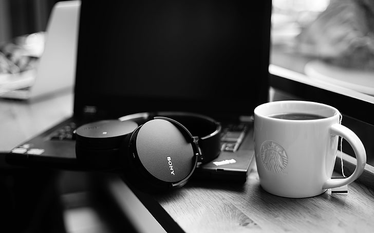 Наушники Sony Starbucks Coffee крупным планом, HD обои