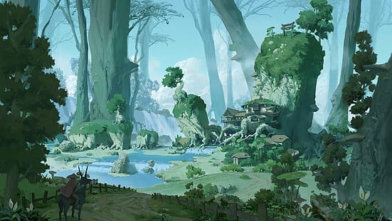Pixel Cat, fantasy art, arte digitale, fiume, foresta, recinzione, villaggio, cascata, funghi, Sfondo HD HD wallpaper