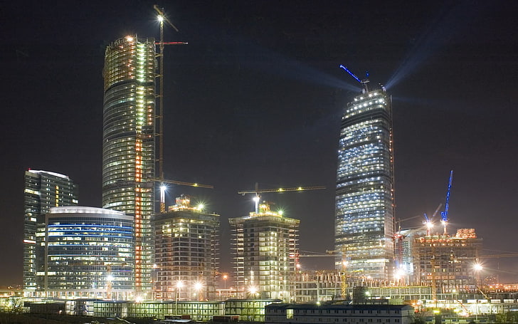 gray high-rise building, night, skyscrapers, cityscape, HD wallpaper