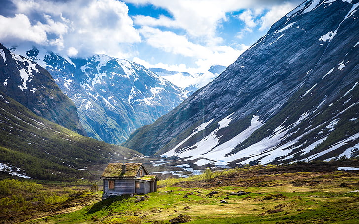 Montagnes, 4K, Cottage, Geiranger, Norvège, Eté, Fond d'écran HD