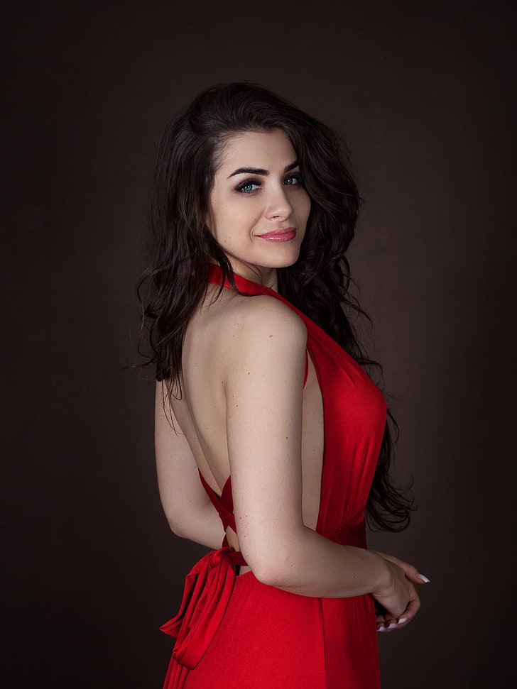 dress, red dress, back, women, model, HD wallpaper