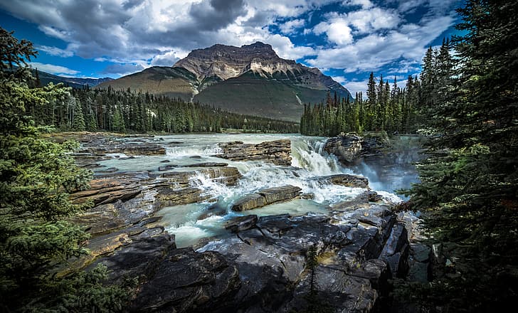 ป่า ภูเขา แม่น้ำ น้ำตก แคนาดา อัลเบิร์ต อัลเบอร์ตา ธรณีประตู อุทยานแห่งชาติ Jasper แม่น้ำ Athabasca เทือกเขาร็อกกี้ของแคนาดา น้ำตก Athabasca แม่น้ำ Athabasca น้ำตก Athabasca ร็อคกี้ของแคนาดา, วอลล์เปเปอร์ HD