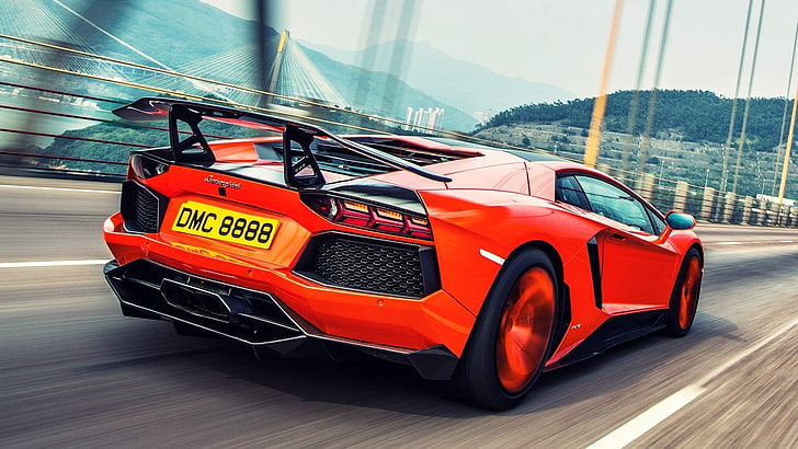 car, Lamborghini, Lamborghini Aventador, road, motion blur, bridge, HD wallpaper