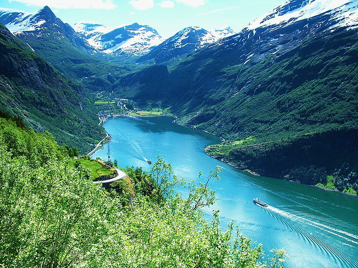Norway Geiranger, landscape, mountains, nature, norway, beautiful, water, forest, fiord, snow, blue, summer, 3d and, HD wallpaper