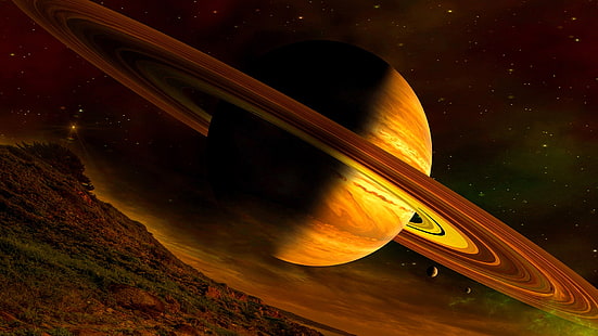 pianeta, arte spaziale, fantasy art, pianeta inanellato, anello planetario, universo, Saturno, Sfondo HD HD wallpaper