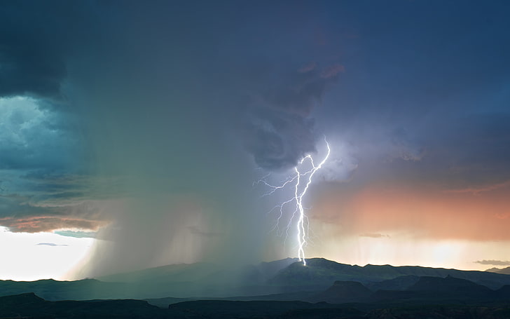 mountain ranges, landscape, lightning, storm, rain, hills, HD wallpaper