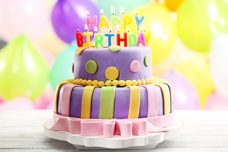 purple 2-layer icing-covered cake, candles, cake, sweet, decoration, Happy, Birthday, HD wallpaper