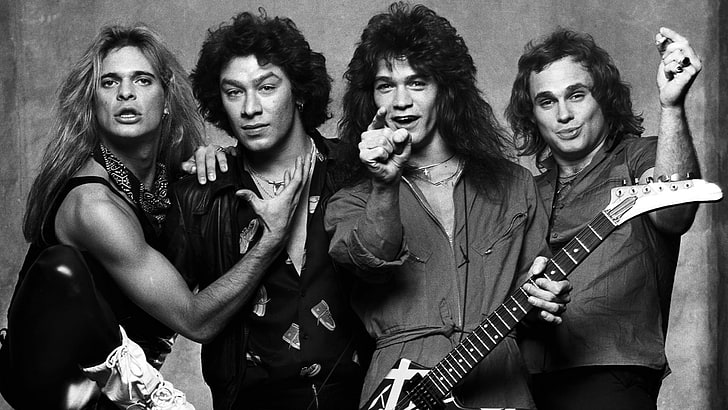 Graustufenfoto von Band, Van Halen, Mark Stone, Michael Anthony, Sammy Hagar, Mitchell Malloy, Gary Cherone, bw, HD-Hintergrundbild
