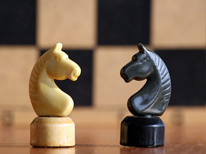 white and black knight chess pieces, chess, figures, horse, black, white, HD wallpaper HD wallpaper