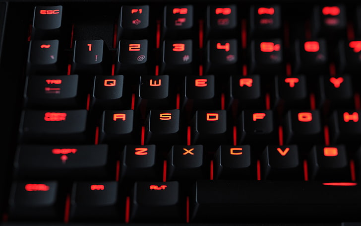 Siyah bilgisayar klavyesi, siyah ve kırmızı LED bilgisayar klavyesi, klavyeler, bilgisayar, PC oyun, tilt shift, HD masaüstü duvar kağıdı