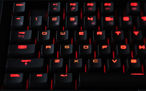black computer keyboard, black and red LED computer keyboard, keyboards, computer, PC gaming, tilt shift, HD wallpaper HD wallpaper
