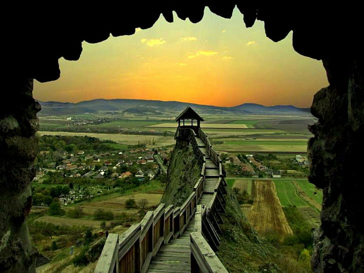 Lookout Walkway, castle, hungary, mountains, lookout tower, fields, houses, walkway, sunset, animals, HD wallpaper