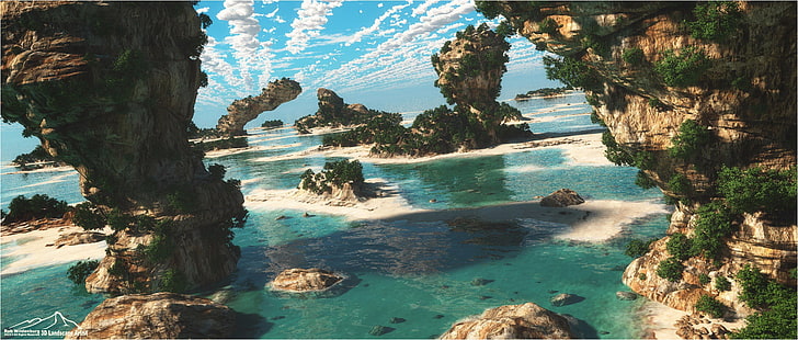 sea stacks, beach, 3D, render, nature, digital art, HD wallpaper