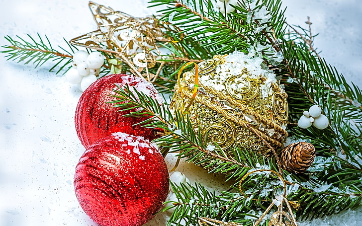 three red and gold baubles, New Year, snow, Christmas ornaments , leaves, cones, HD wallpaper