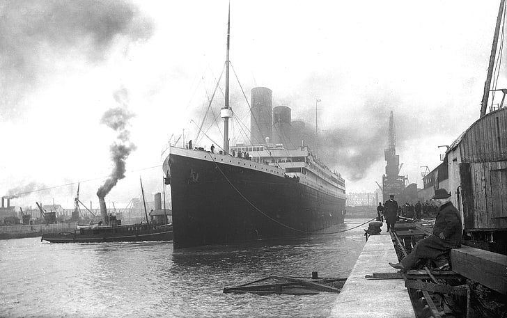 Titanic grayscale photo, retro, Wallpaper, ship, Marina, port, steamer, Titanic, liner, British, the, passenger, RMS, HD wallpaper