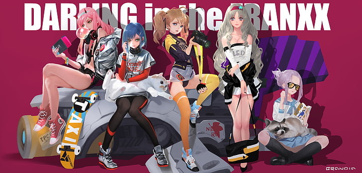 Darling in the FranXX, anime girls, Ichigo (Darling in the FranXX), Code:556 (Kokoro), Code:196 (Ikuno), Zero Two (Darling in the FranXX), Code:390 (Miku), Nintendo Switch, switch, HD wallpaper