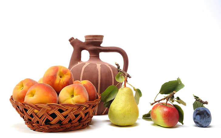 apple, blueberry, and pear fruits, peaches, pears, basket, fruit, HD wallpaper