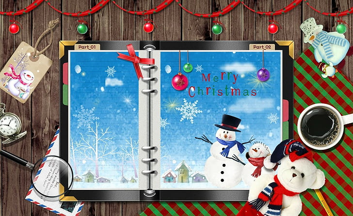 Notebook, Snowmen, Table, Coffee, Snowflakes, Holiday, Christmas, Toys, HD wallpaper