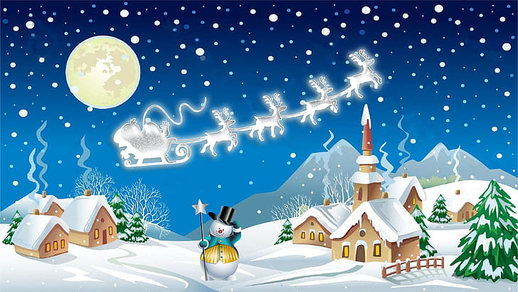 Рождественская ночь Зимняя деревня Снеговик Дед Мороз в коляске с оленями Рождественские обои Hd 1920 × 1080, HD обои