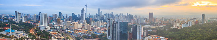 панорамна фотография на градски сгради, дървета, небе, слънце, път, къща, панорама, Азия, Куала Лумпур, град, сграда, небостъргач, магистрала, HD тапет
