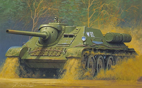 зелена бойна танкова живопис, фигура, изкуство, самоходна артилерия, съветска, активно, бойци, танкове, SU-85, тегло, средно, използвано, Великата отечествена война., успешно, септември, свързано, с класа, 1943, край, HD тапет HD wallpaper