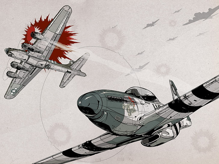 illustrazione di due velivoli, Mustang nordamericano P-51, aereo, seconda guerra mondiale, fortezza volante del Boeing B-17, Sfondo HD