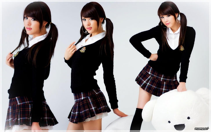 uniforme blanco y negro para mujer, Hwang Mi Hee, collage, asiático, uniforme escolar, falda, cuadros, twintails, mujer, modelo, uniforme de colegiala, Fondo de pantalla HD