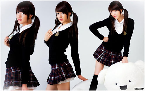 uniforme blanco y negro para mujer, Hwang Mi Hee, collage, asiático, uniforme escolar, falda, cuadros, twintails, mujer, modelo, uniforme de colegiala, Fondo de pantalla HD HD wallpaper