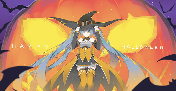 Hatsune Miku, Halloween, strega, zucca gigante, twintails, vocaloid, Anime, Sfondo HD HD wallpaper