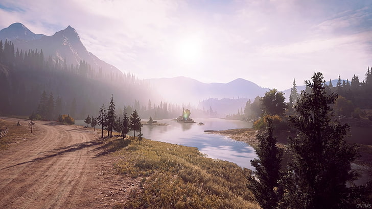 PlayStation, PlayStation 4, Far Cry, Far Cry 5, sun rays, sunset, water, mountains, forest, screen shot, games art, Video Game Art, video games, HD wallpaper