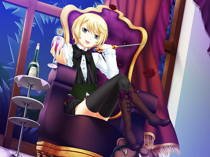blond włosa postać z anime illustraiotn, kuroshitsuji, dziewczyna, blond wino, kieliszek, krzesło, Tapety HD