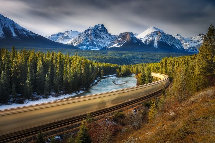 лес, поезд, отрывок, Канада, Альберт, HD обои
