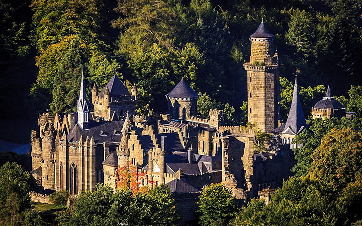 castillo gris, naturaleza, paisaje, arquitectura, edificio antiguo, árboles, bosque, castillo, castillo de Löwenburg, Fondo de pantalla HD