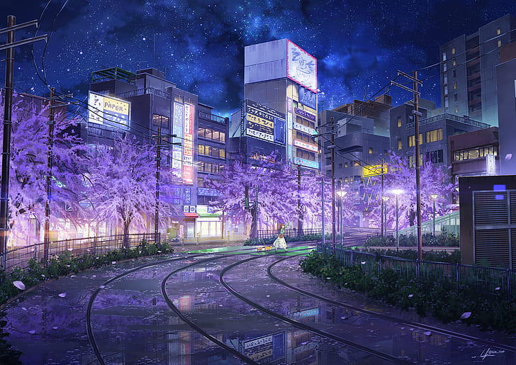 Anime, Original, Edifício, Cidade, Menina, À noite, Rua, Árvore, HD papel de parede