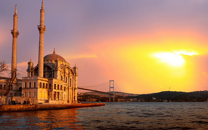 Ortaköy Camii, istanbul Türkiye, güzel, Ortaköy Camii, istanbul Türkiye, şehir, Marmara Denizi, Boğaz köprüsü, güneş ışığı, manzara, Doğa, HD masaüstü duvar kağıdı