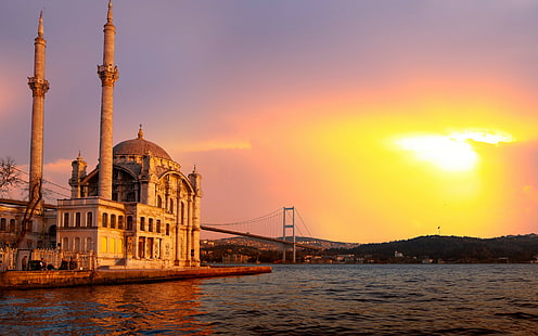 Ortakoy Mosque, istanbul Turkey, beautiful, Ortakoy Mosque, istanbul Turkey, city, Sea of Marmara, Bosphorus bridge, sunlight, landscape, Nature, HD wallpaper HD wallpaper