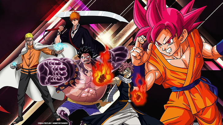 Anime, Crossover, Bleach, Dragon Ball, Dragon Ball Super, Fairy Tail, Goku, Ichigo Kurosaki, Monkey D. Luffy, Naruto, Naruto Uzumaki, Natsu Dragneel, One Piece, HD wallpaper
